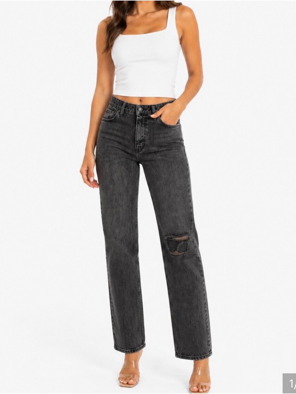 Good American Black Straight Leg Jeans | Distressed Knee | Size 8/29 - Picture 2 of 8